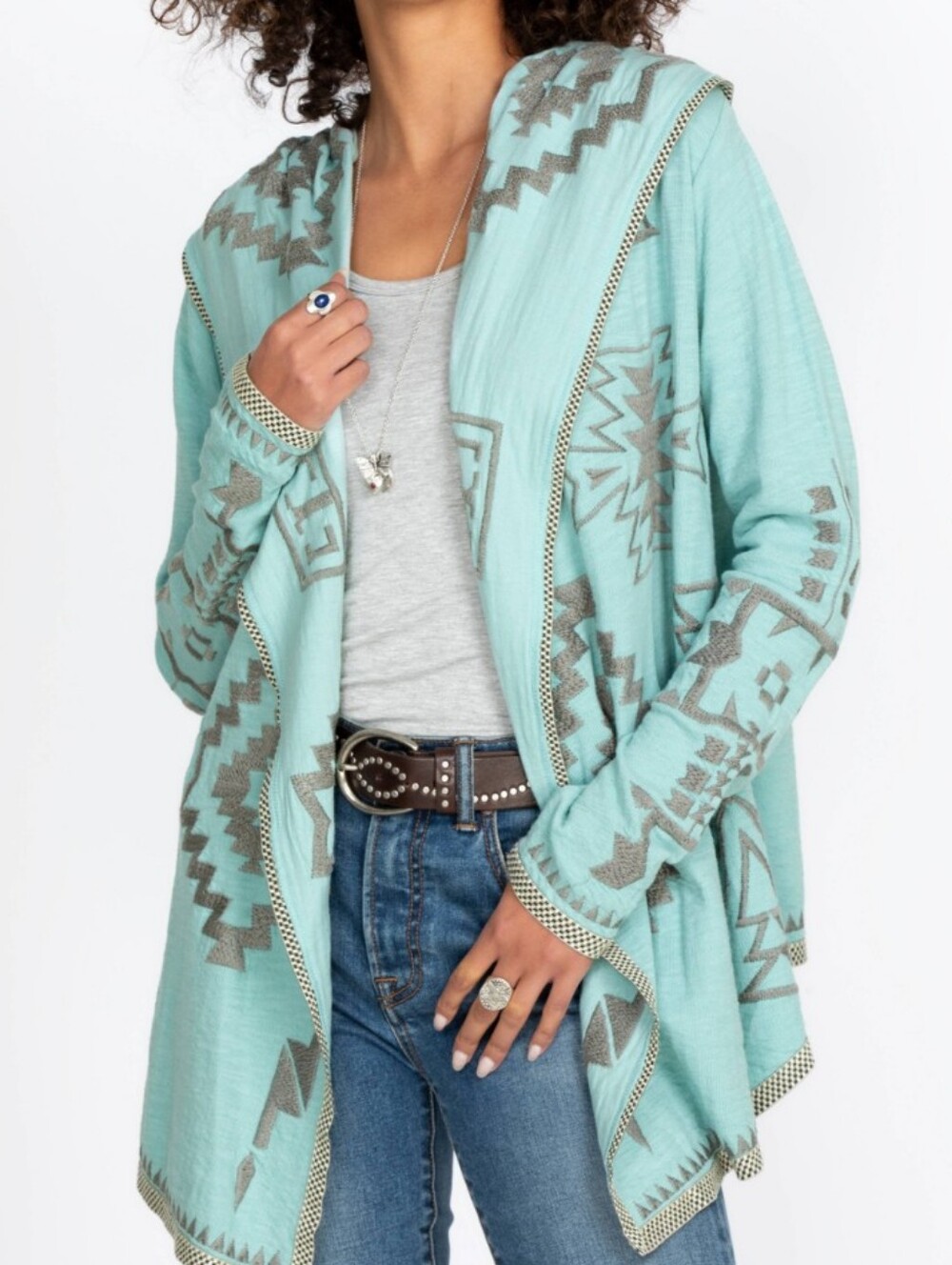 Johnny Was >> Biya Hooded Cardigan in Light Aqua W/ Geometric Embroidery Size S